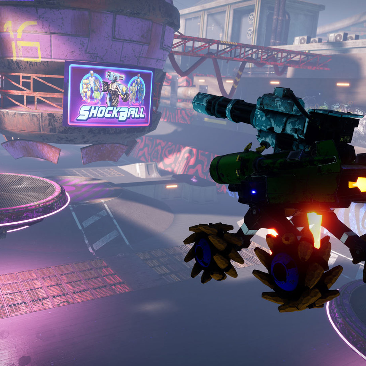 Game screenshot of an airborne vehicle with a billboard in the background that reads "Shockball"